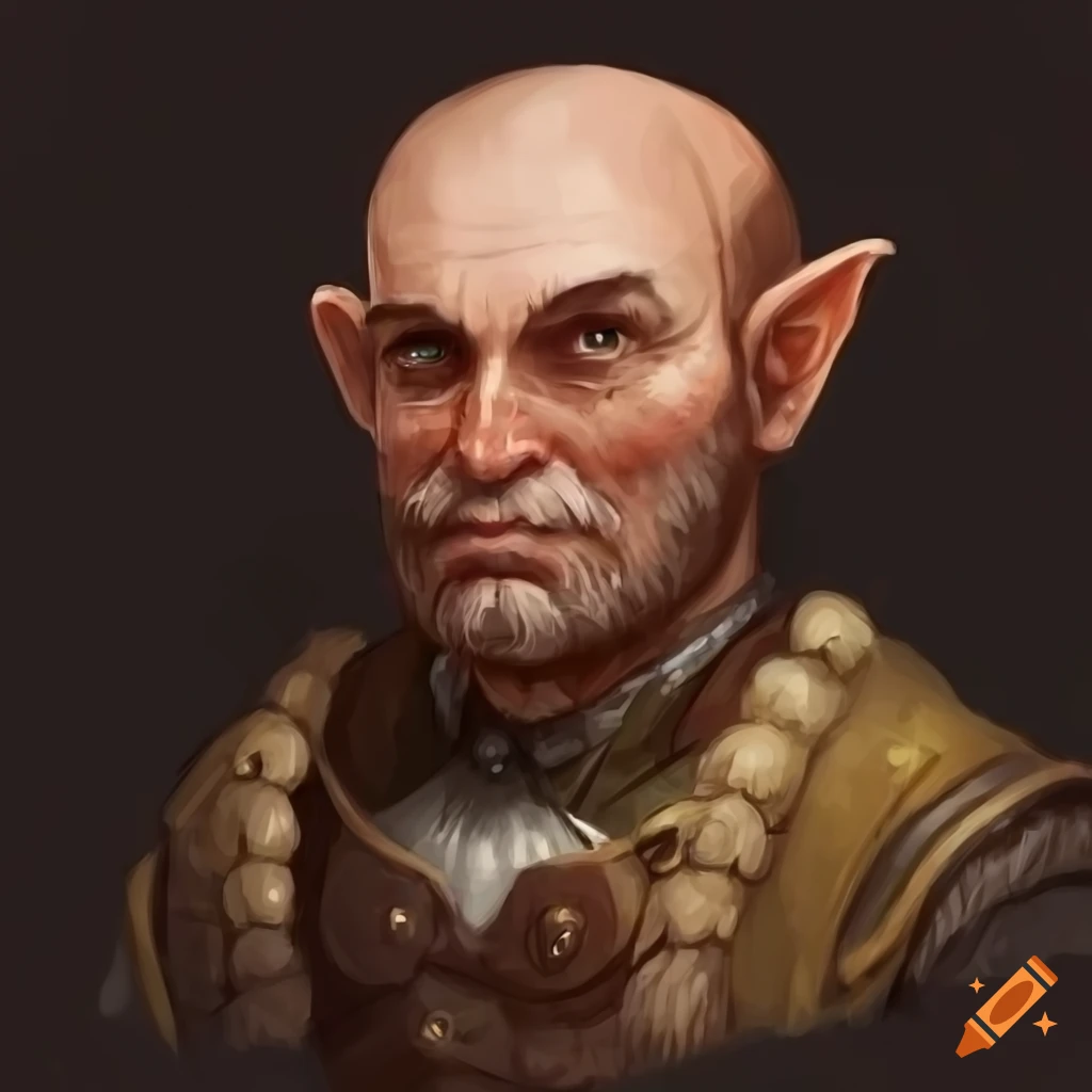 DND character of a middle-aged halfling with a balding haircut