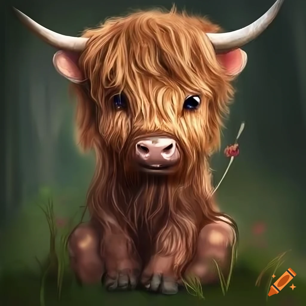 adorable baby scottish highland cow holding a flower