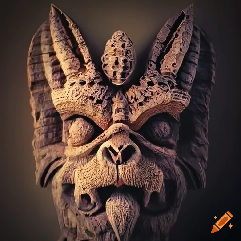 detailed carving of a moth werewolf motif
