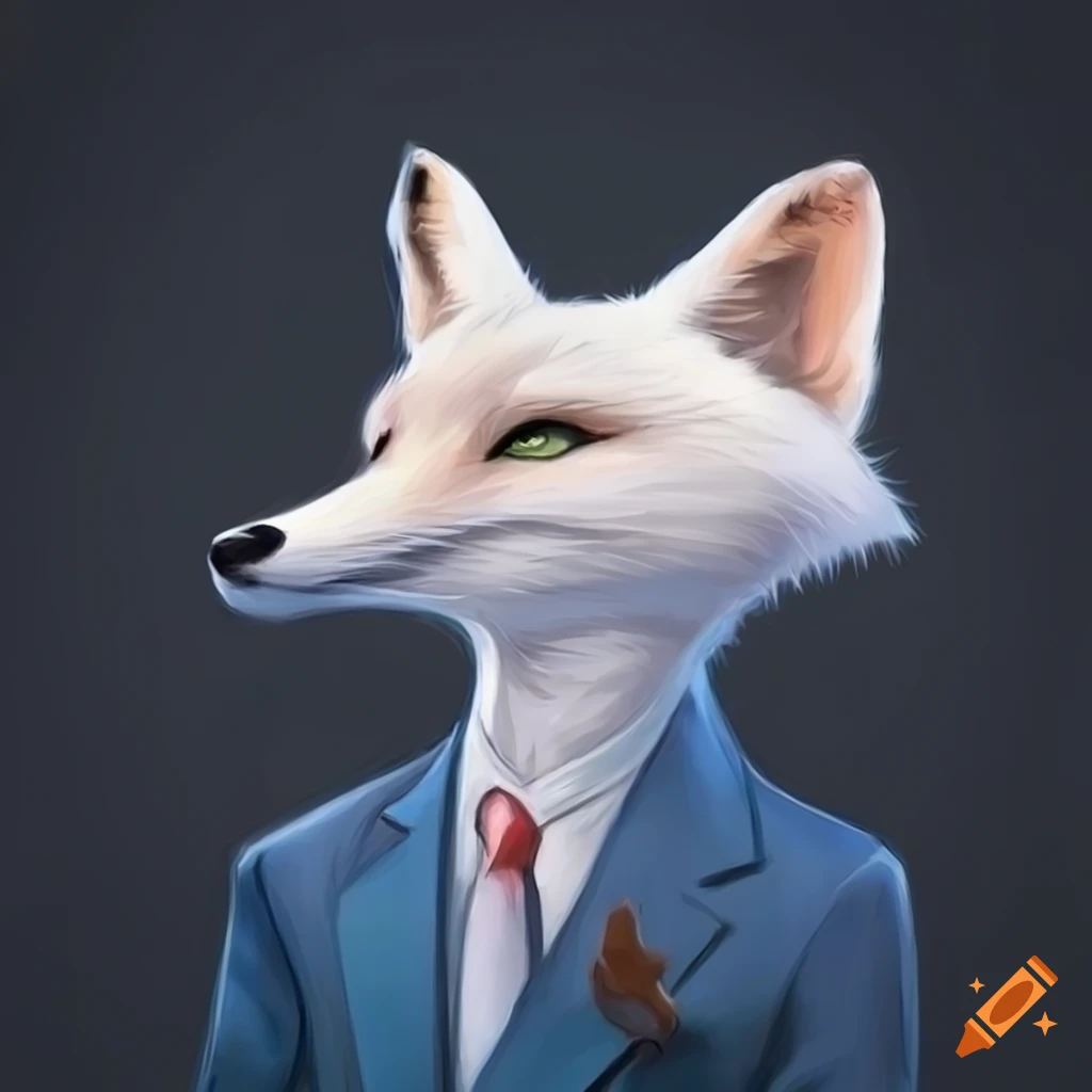 anthropomorphic white fox wearing a fedora hat