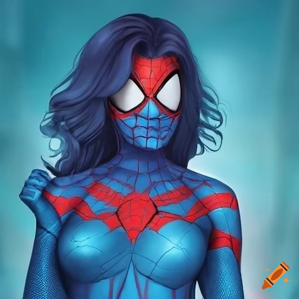 Cosplay of Spider-Woman in sky blue and white suit on Craiyon