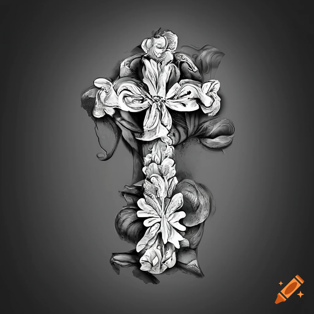 intricate stone carved Christian Cross with floral details