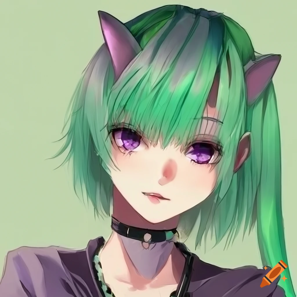 Anime girl with green hair and cat ears on Craiyon
