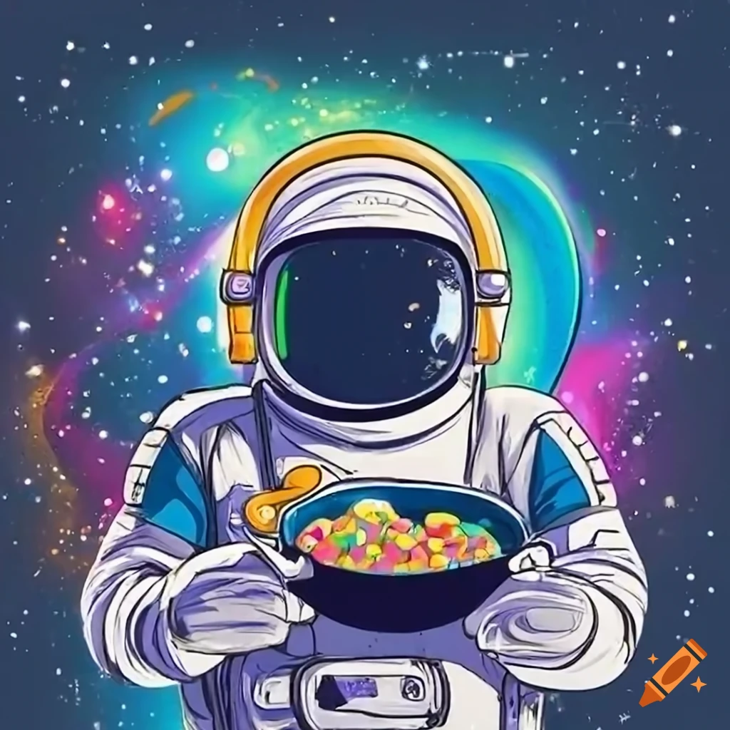 cartoon astronaut holding a bowl of colorful cereal