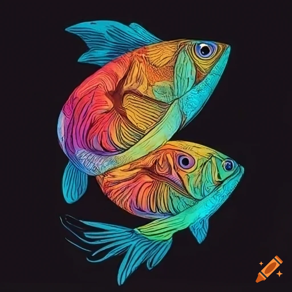 artistic representation of a figure surrounded by fish