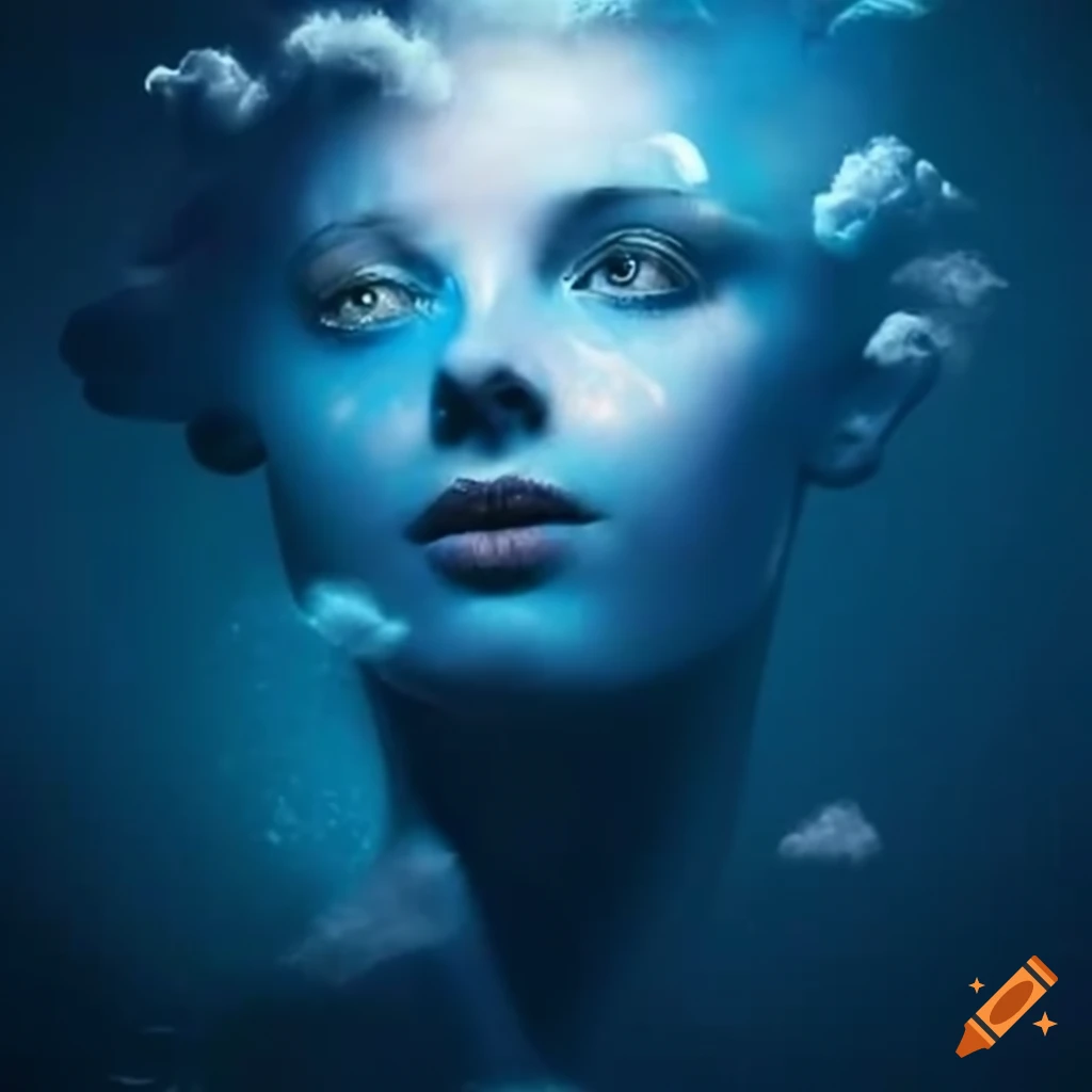 artistic depiction of a woman with clouds as part of her head