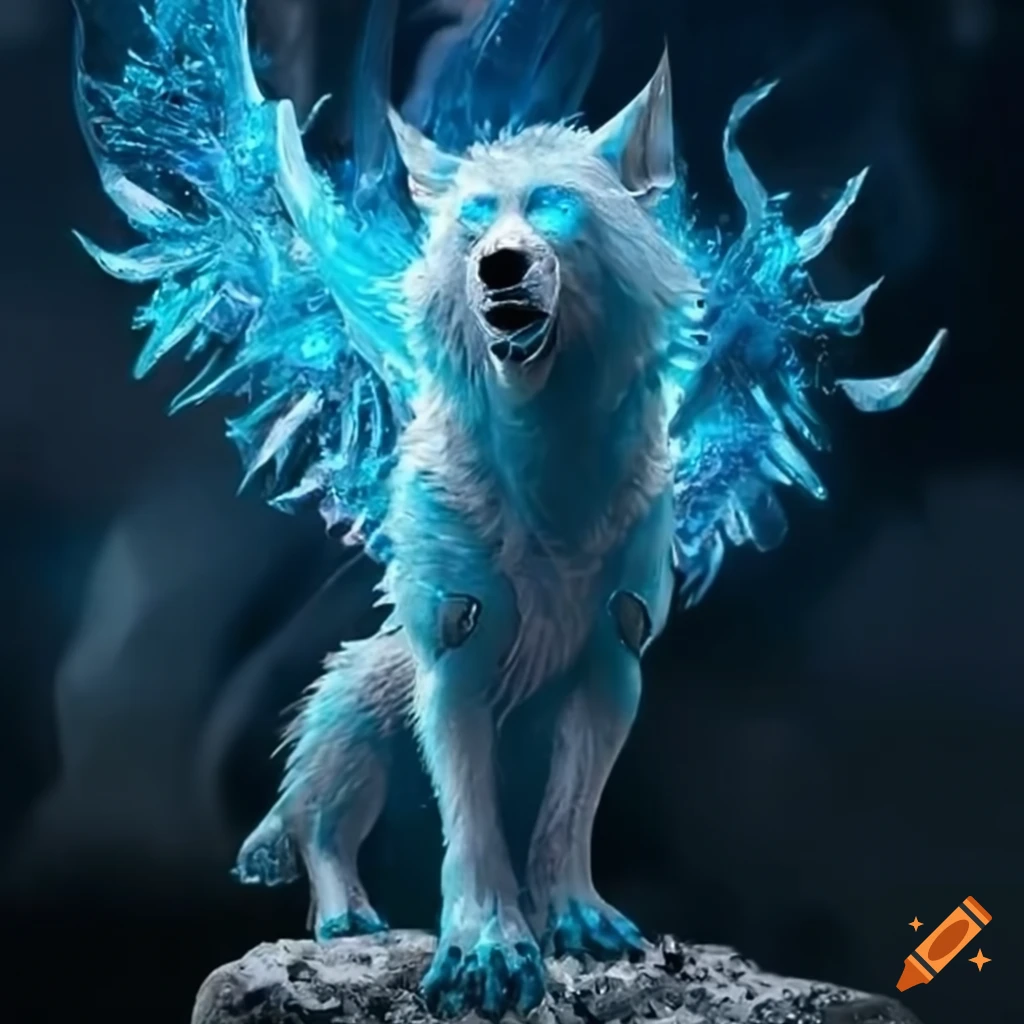 majestic ice Fenrir with blue eyes on a frozen stone