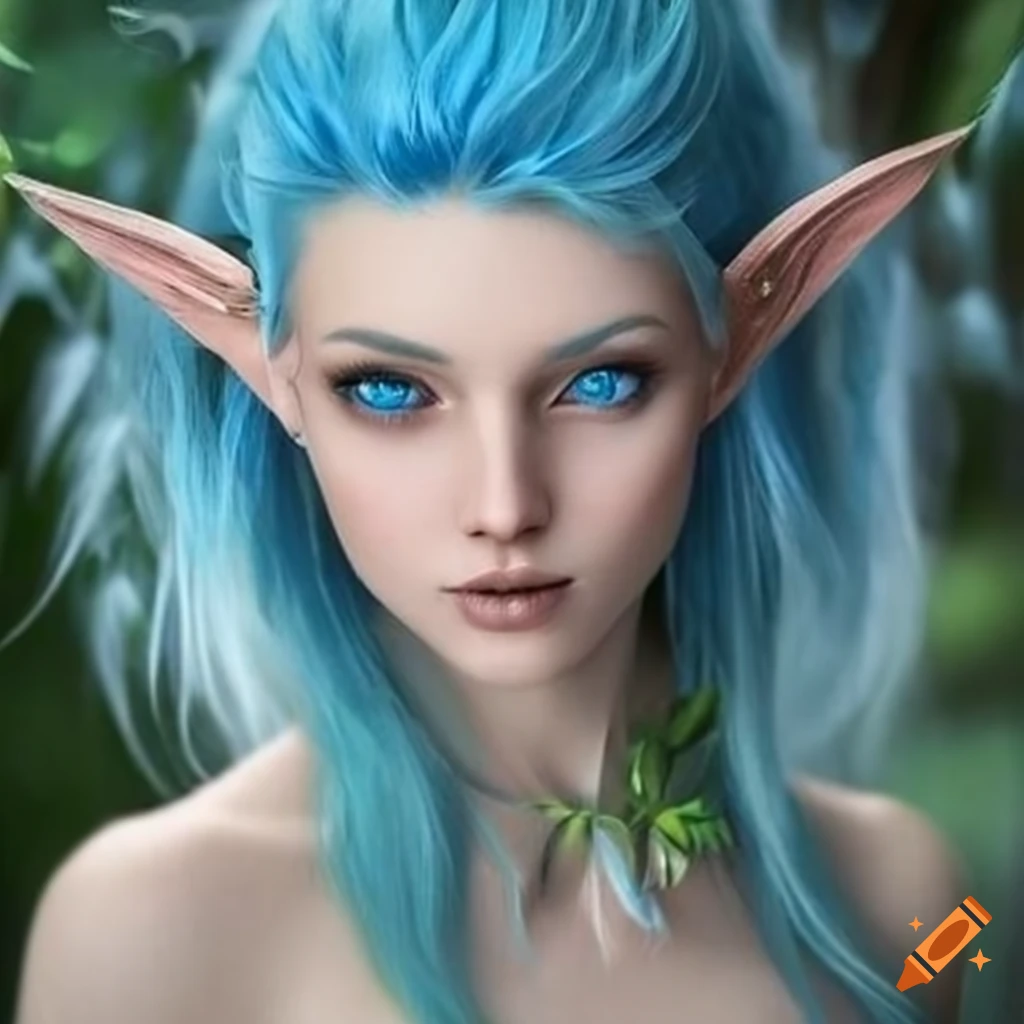 Beautiful blue-haired female elf with flower and leaf adornments