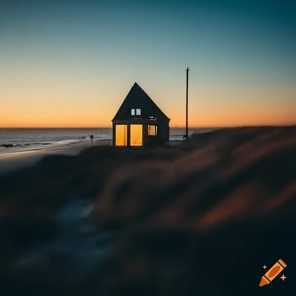 sunset at the coast with a cosy house