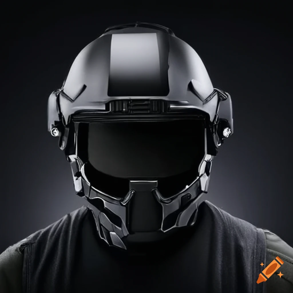 Sleek black tactical helmet with full face visor on Craiyon