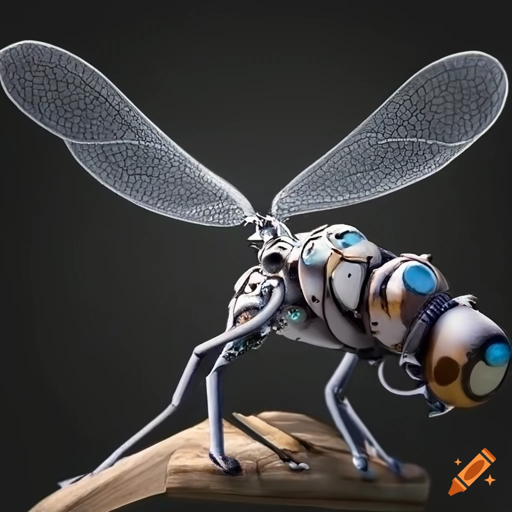 golden-eyed grey dragonfly robot