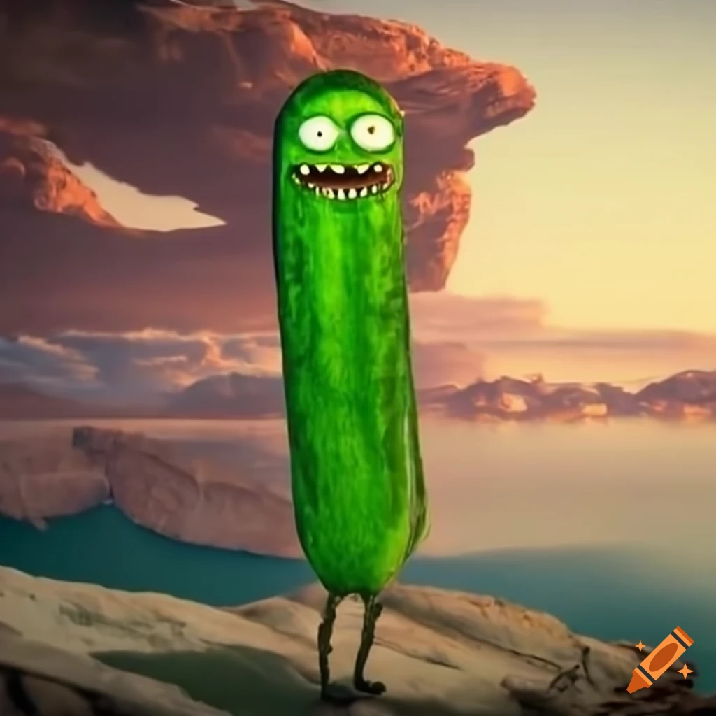 Pickle Rick standing on a cliff