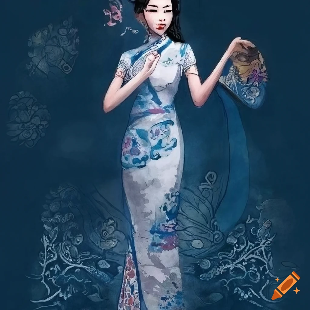 drawing of a chinese woman in a qipao dress