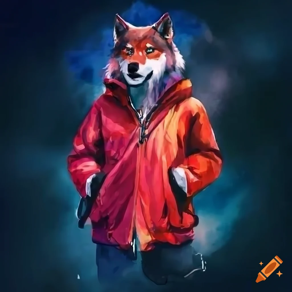 watercolor portrait of a wolf in a red windbreaker jacket