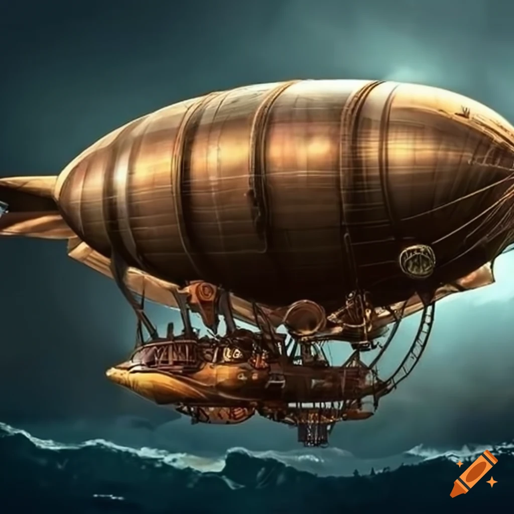 steampunk airship flying over the ocean