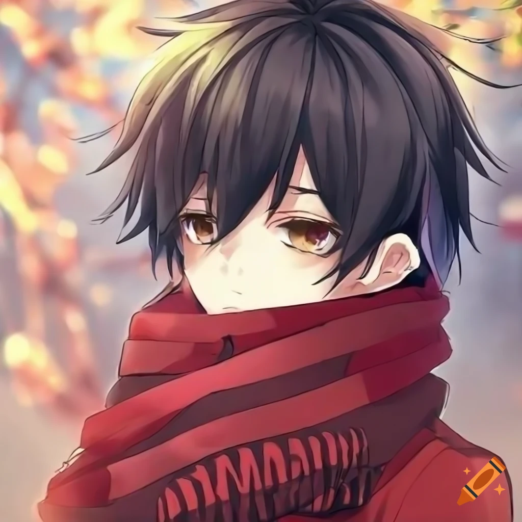 Cute anime boy with black hair and brown eyes wearing a red scarf on ...