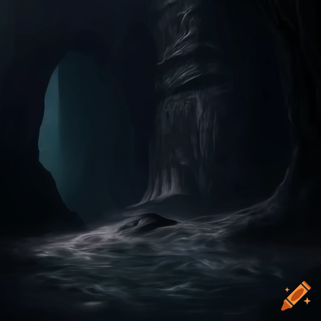 photorealistic landscape with towering cliffs and eerie atmosphere