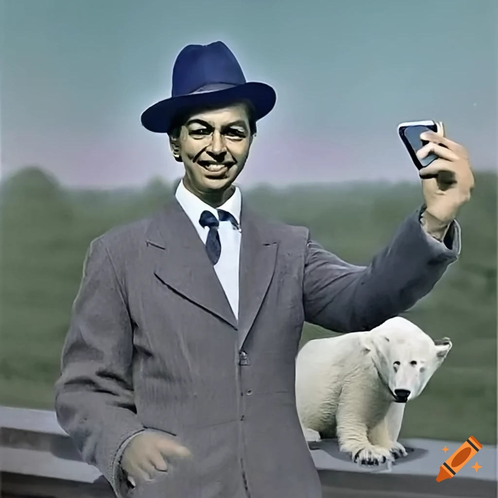 colorized photo of Bhagat Singh with a polar bear in Central Park