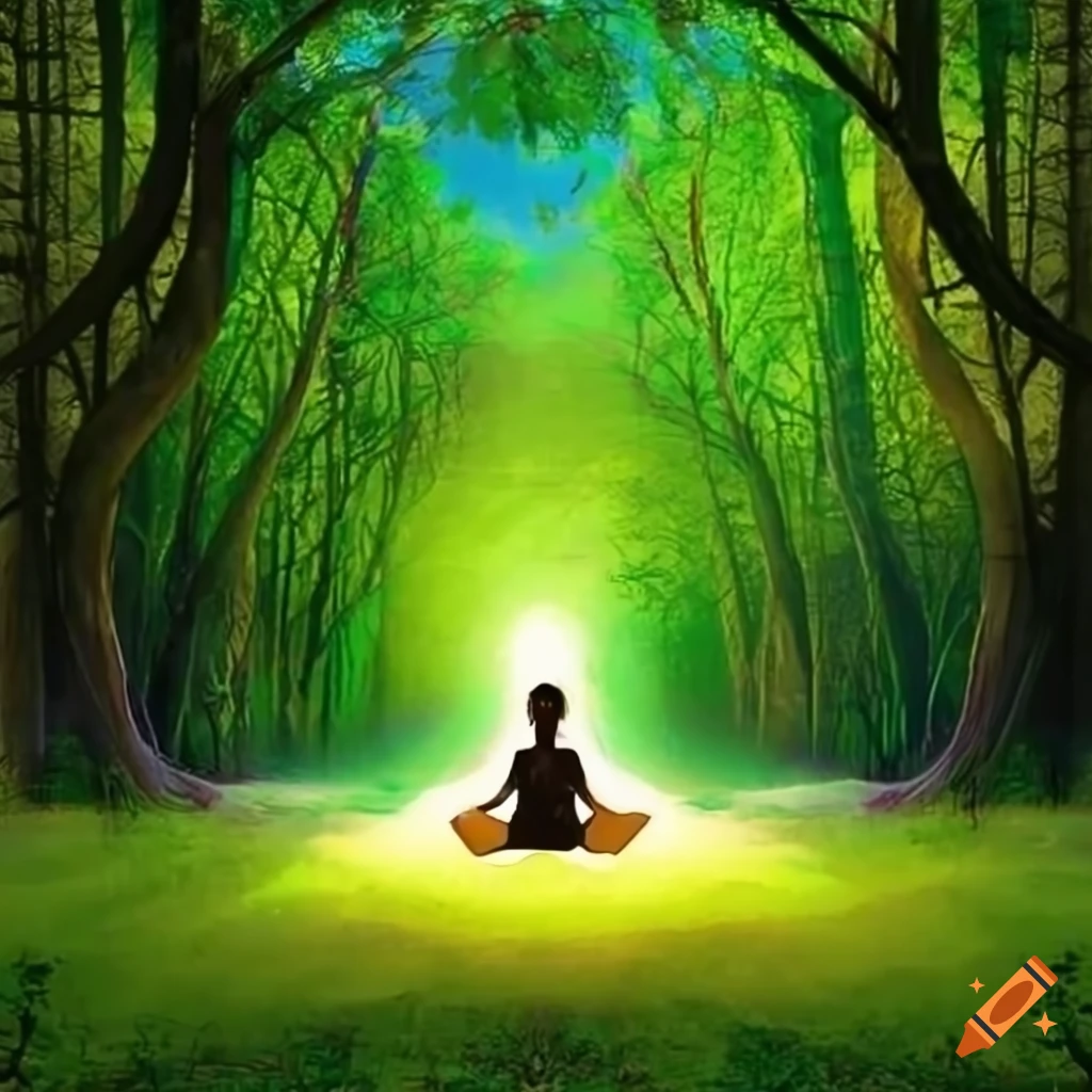 Bright artwork of people meditating in green nature on Craiyon
