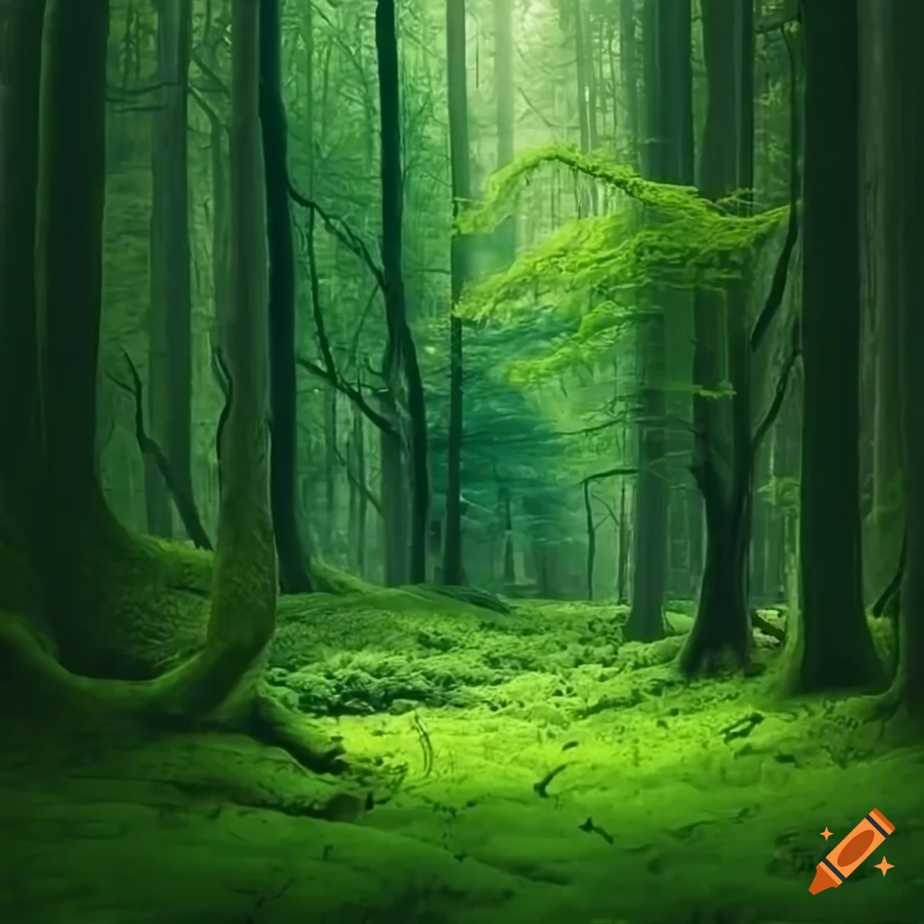 photorealistic depiction of a lush green forest