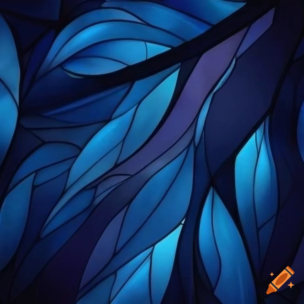 stained glass artwork with interlocking silver leaves on a dark blue background