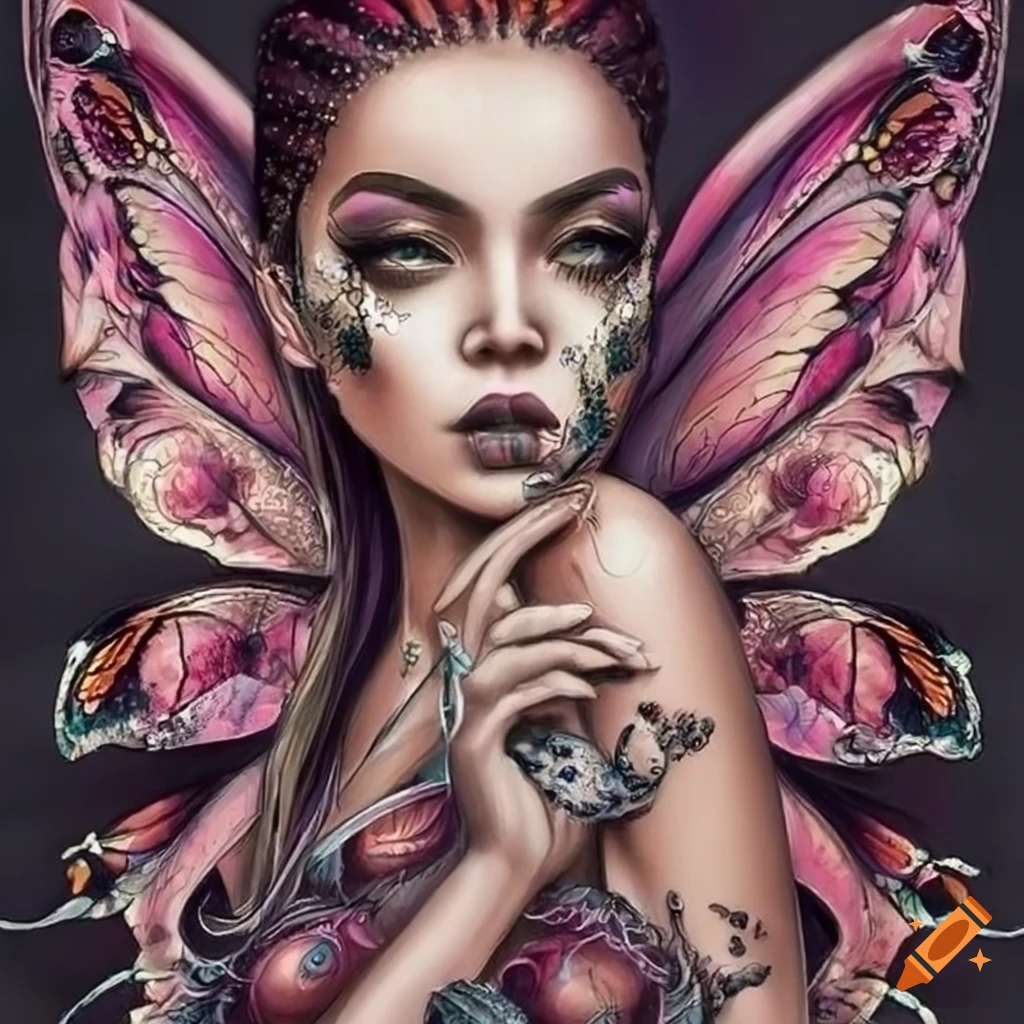 Chicano art of a fairy with butterfly hair