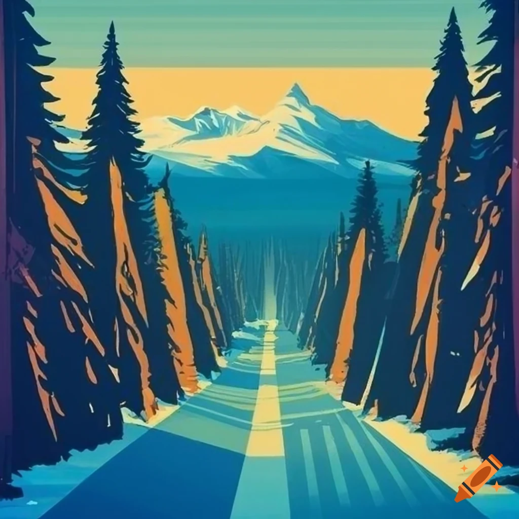 vintage Art Deco travel poster of ski trails in the mountains