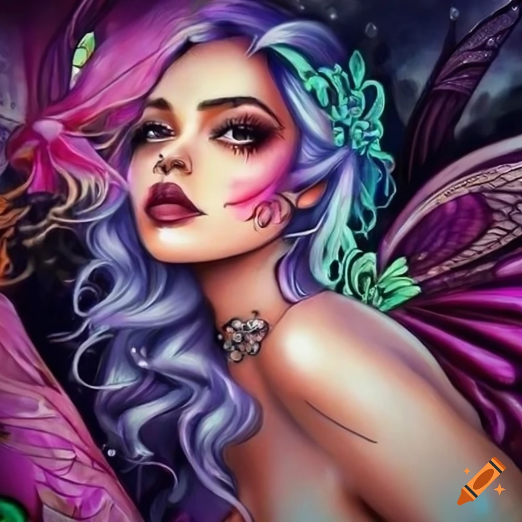 Chicano art of a fairy with butterfly hair on Craiyon