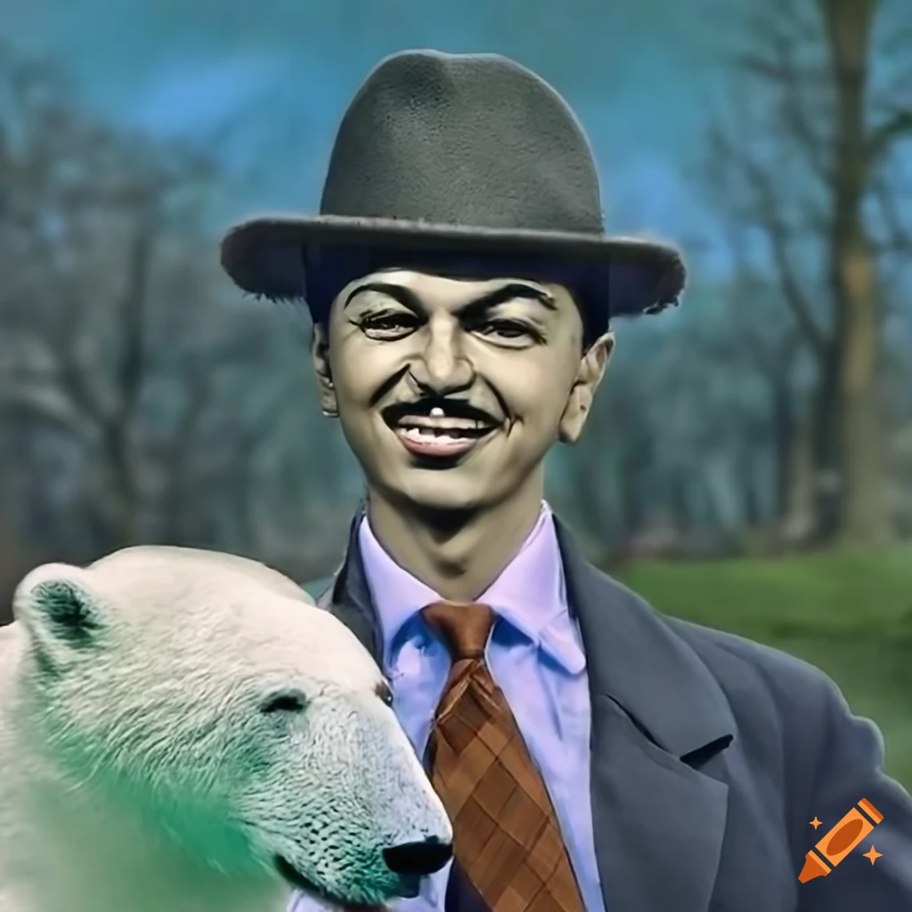 colorized photo of Bhagat Singh with a polar bear in Central Park