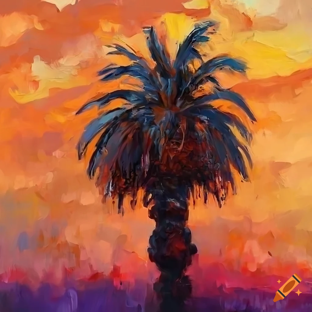Impressionist painting of a tall moroccan date palm on orange sky on