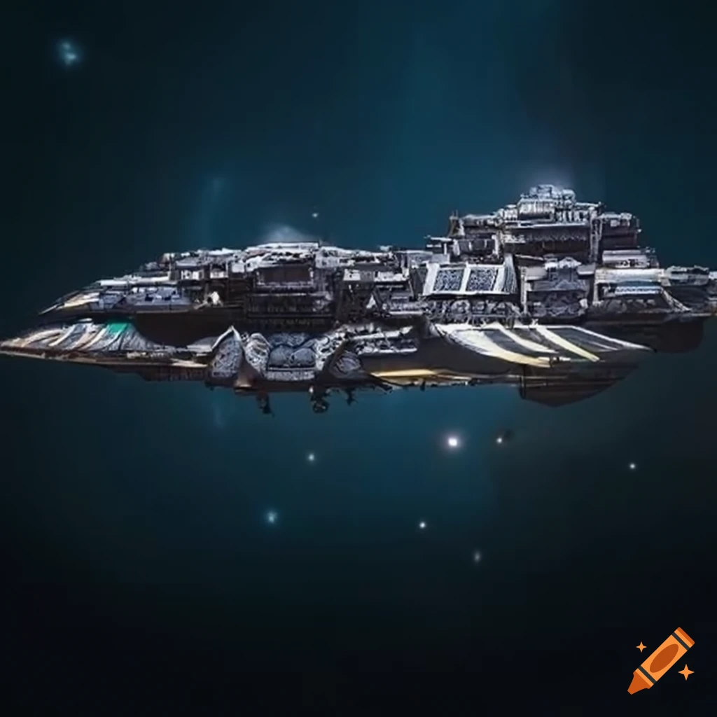 retrofuturistic space warship with Egyptian motifs