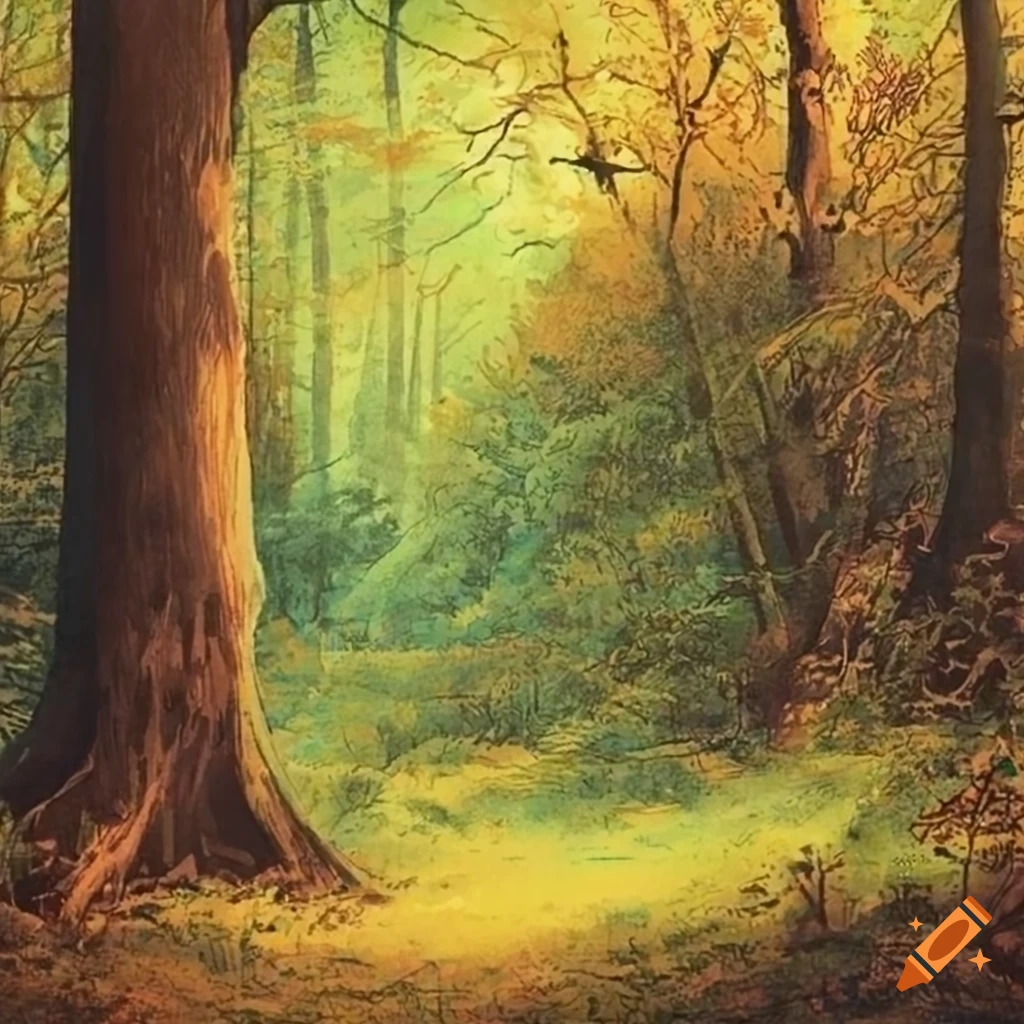 detailed vintage drawing of a clearing in the woods
