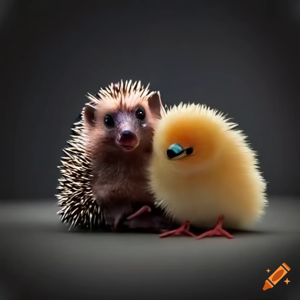 hedgehog and chick looking at each other