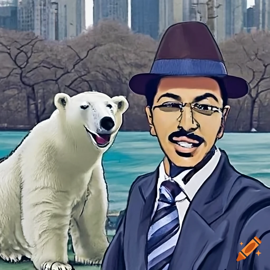 colorized photo of Bhagat Singh with a polar bear in Central Park