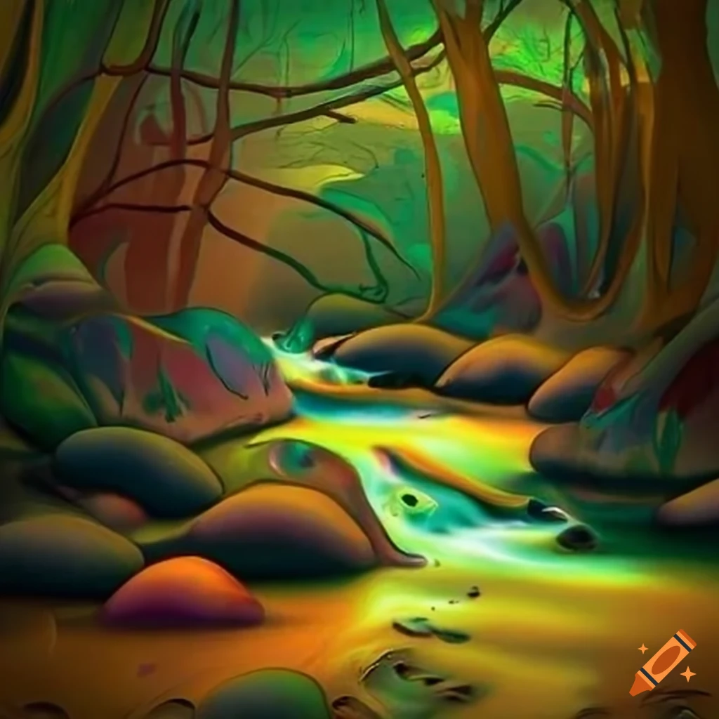 colorful illustration of a babbling brook in a children's storybook