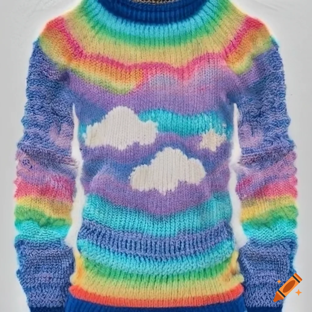 White sweater with rainbow and blue clouds design on Craiyon