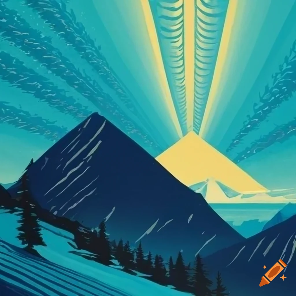 vintage Art Deco travel poster of ski trails in the mountains