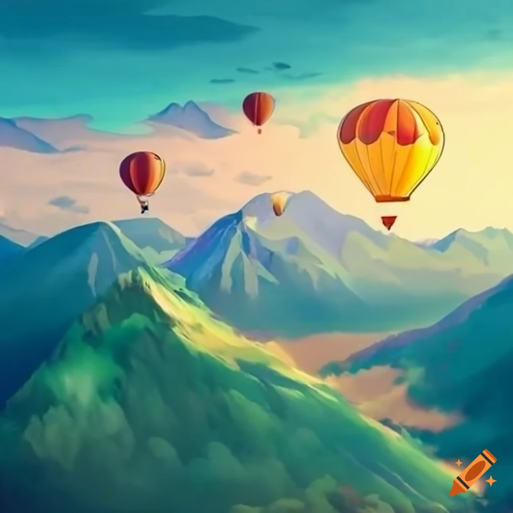mountains with hot air balloons