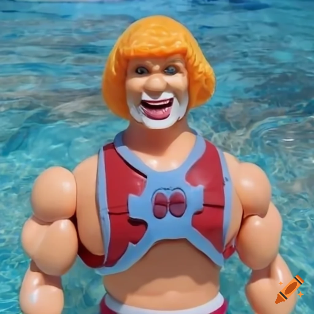 He-Man doll laughing at a pool party