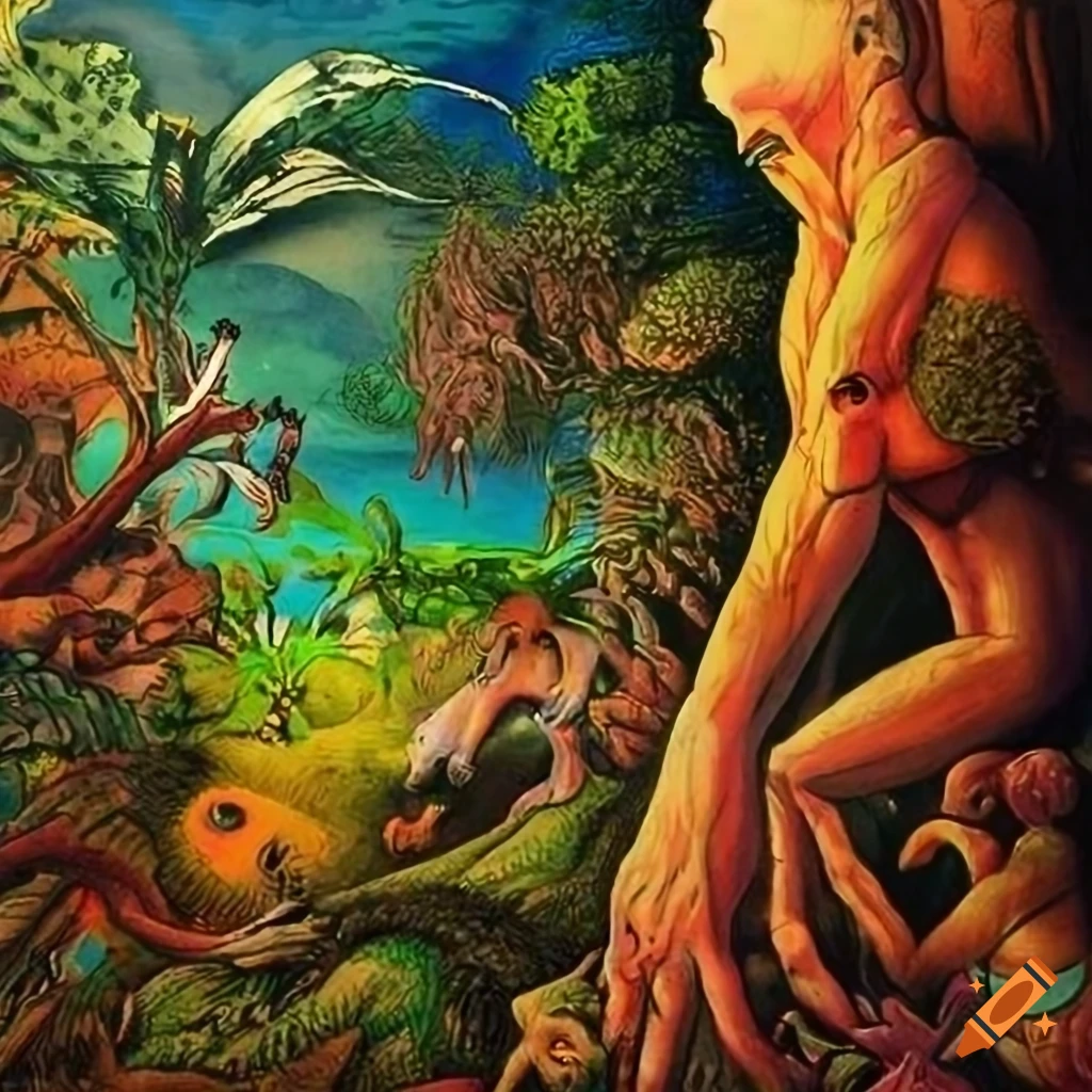 Painting of jungle landscape with animal-human hybrids on Craiyon