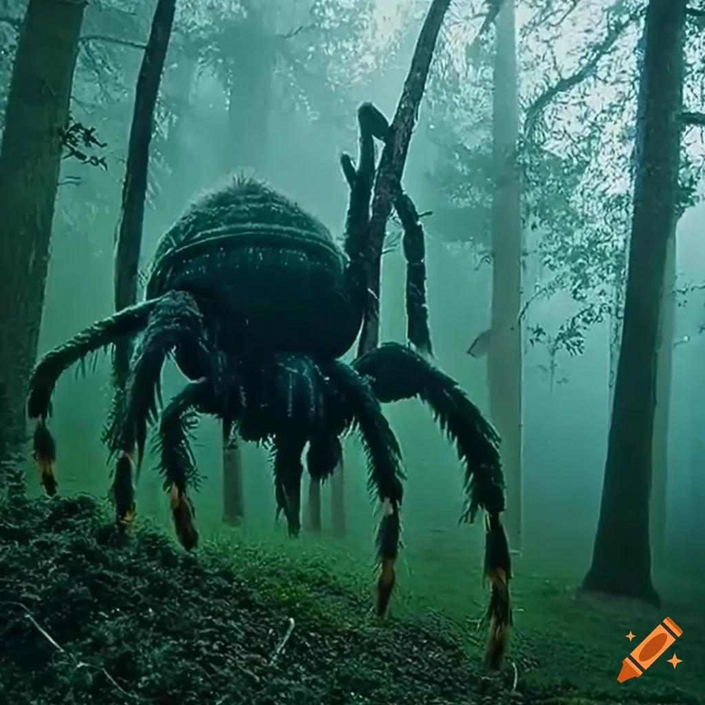 Photorealistic horror image of a giant spider pod creature in a foggy