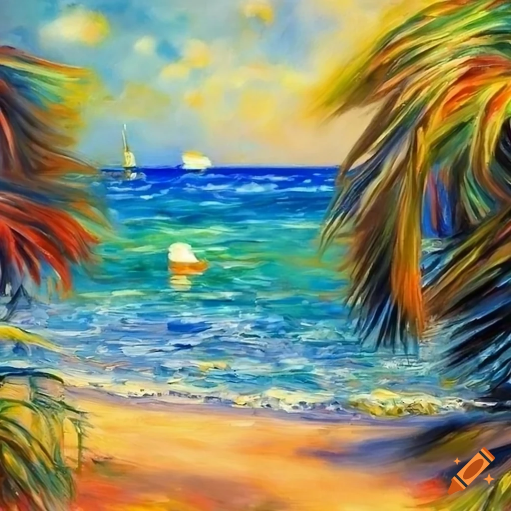 tropical beach oil painting in Renoir style