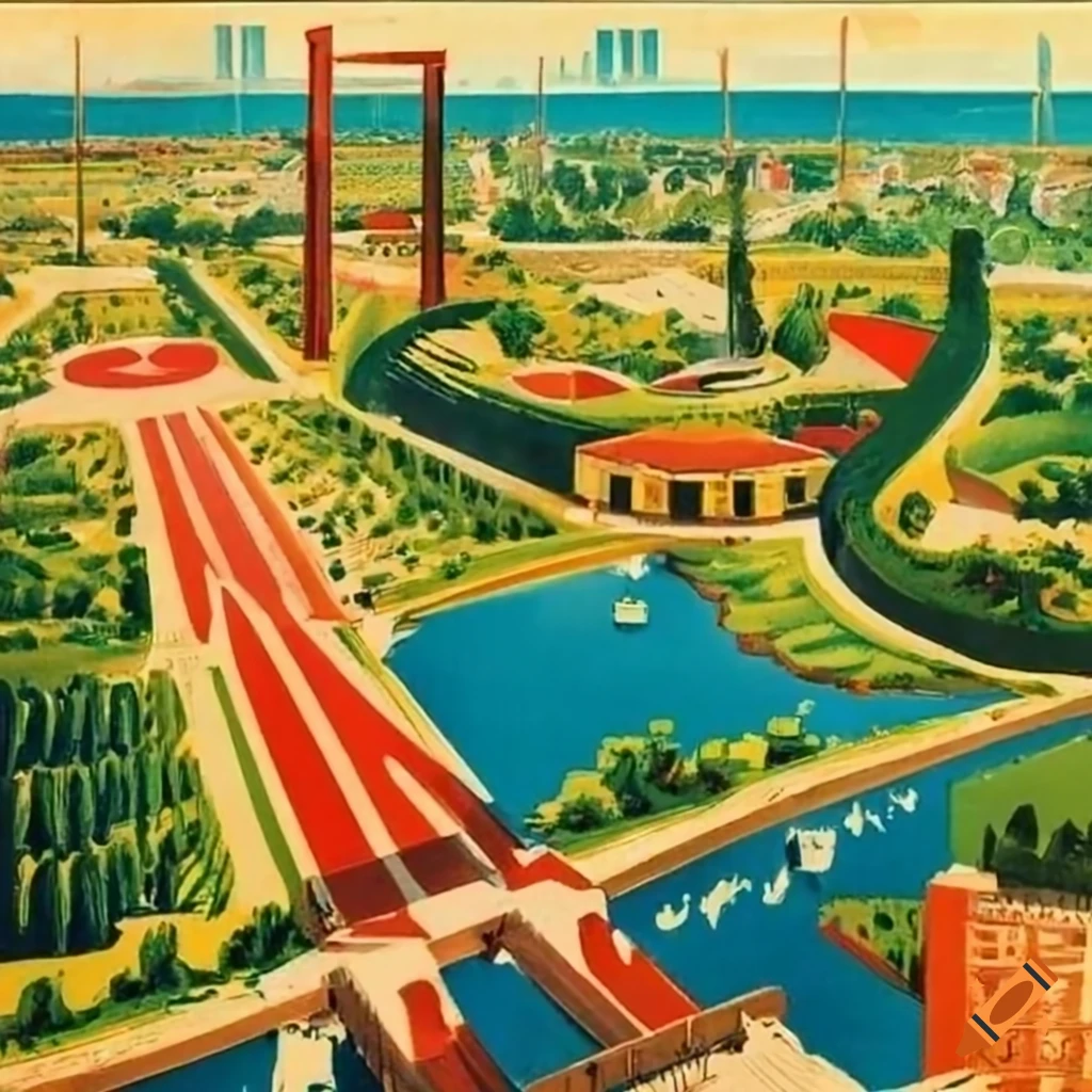 vintage travel poster of a city park from birds eye view