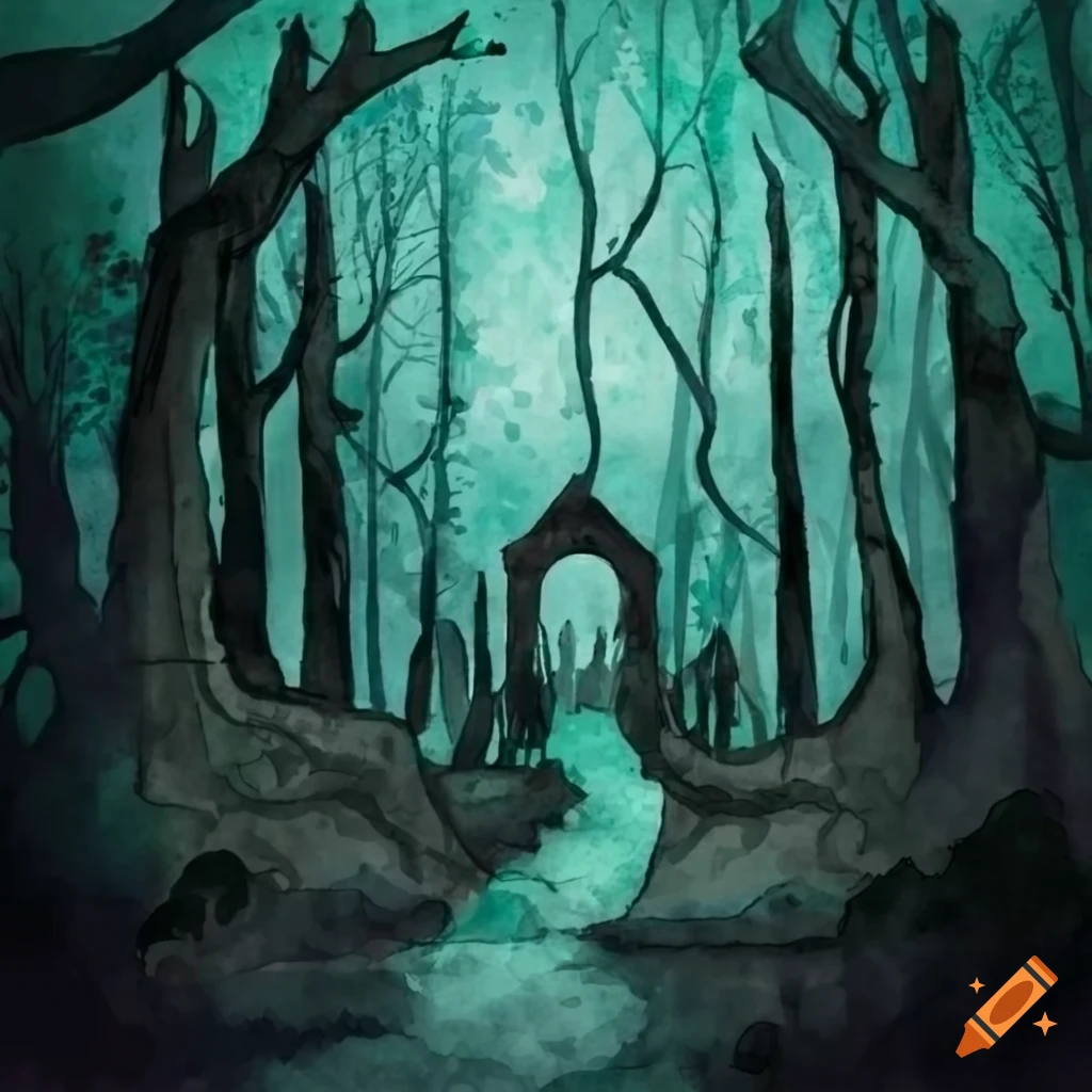 watercolor painting of a mysterious creature in a haunted forest