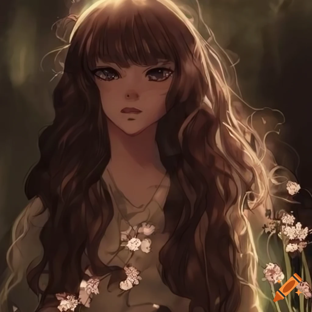 Anime woman with long wavy brown hair in cottagecore fashion