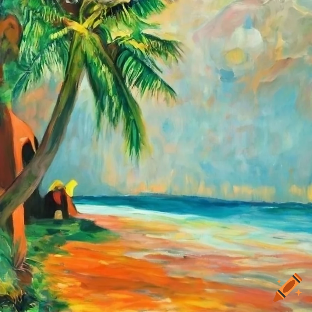 colourful tropical beach in Paul Gauguin style