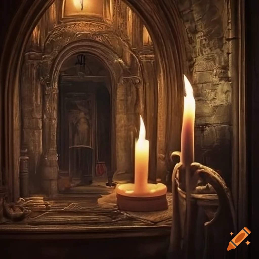 Well-lit lovecraftian interior with candles on Craiyon