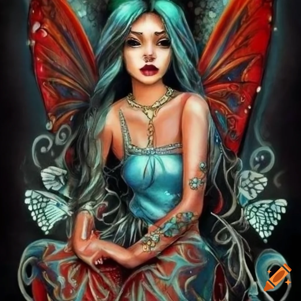 Chicano art of a fairy surrounded by butterflies on Craiyon