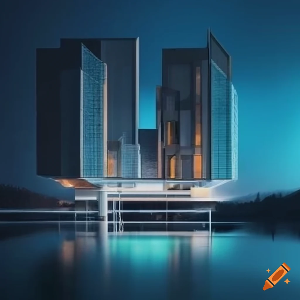 hyper-realistic architectural design of a glass resort overlooking a lake