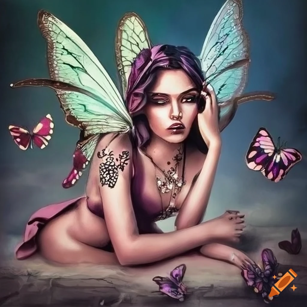 Chicano art of a fairy surrounded by butterflies on Craiyon